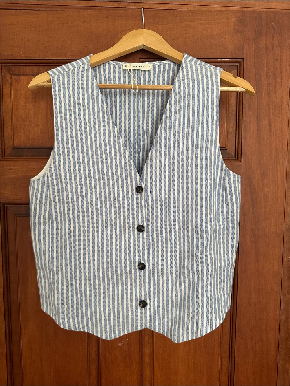 Everlane Blue and White Vertical Stripe Button Vest